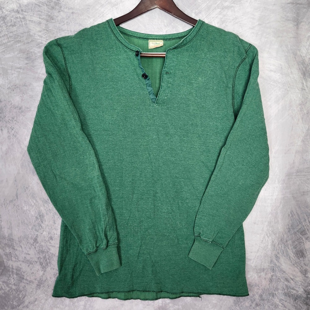 Vintage 80s LL Bean River Driver Shirt Mens M Wool Blend Henley Green USA Made